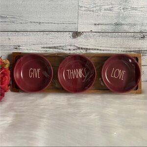 Rae Dunn “GIVE, THANKS, LOVE” 4pc Tasting Bowl Set w/Wooden Tray